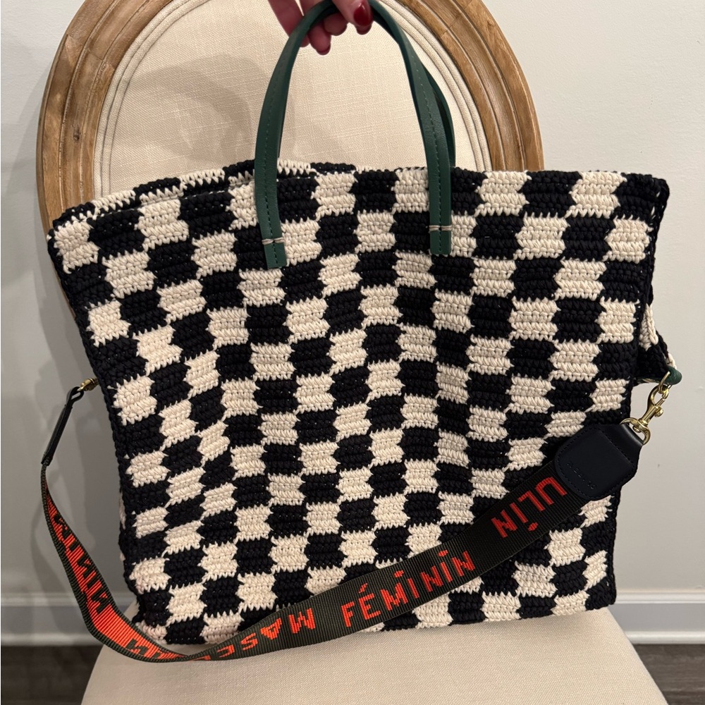 🖤 Clare V. Summer Simple Tote – Black/Cream Crochet Checker